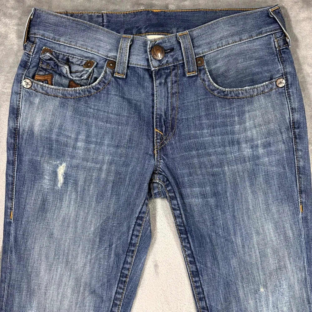 True Religion Billy Bootcut Jeans Mens 33 Blue Leather Horseshoe Made in USA